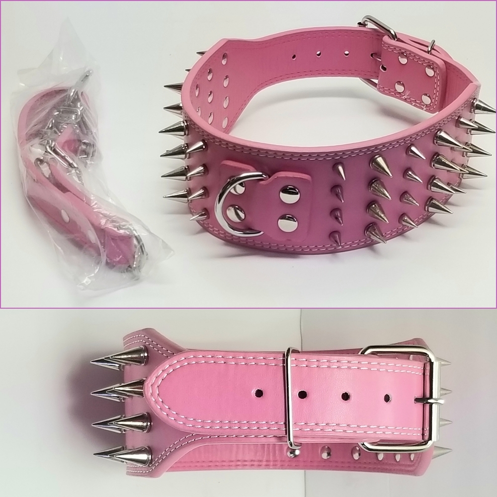 Heavy-Duty 4-Row Spiked Pink Dog Collar – XL / XXL – Punk Goth Style - Picture 3 of 9